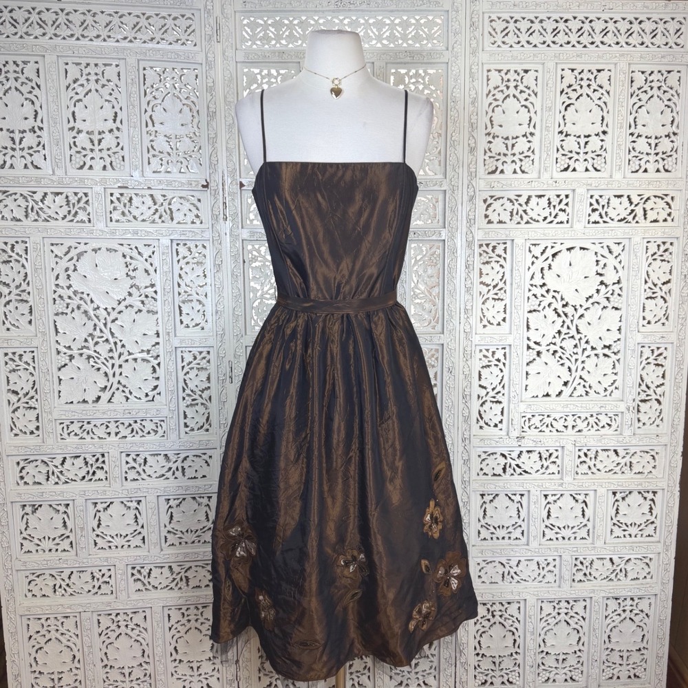 Chocolate Brown Satin Floral Formal Dress Womens 10 Y2K Fairycore Tulle Belted